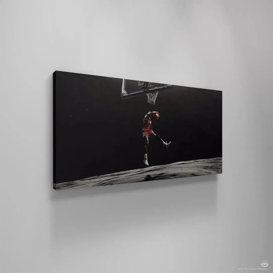 View emphasizing the vast, dark black background of the Michael Jordan - Moon Landing space setting.