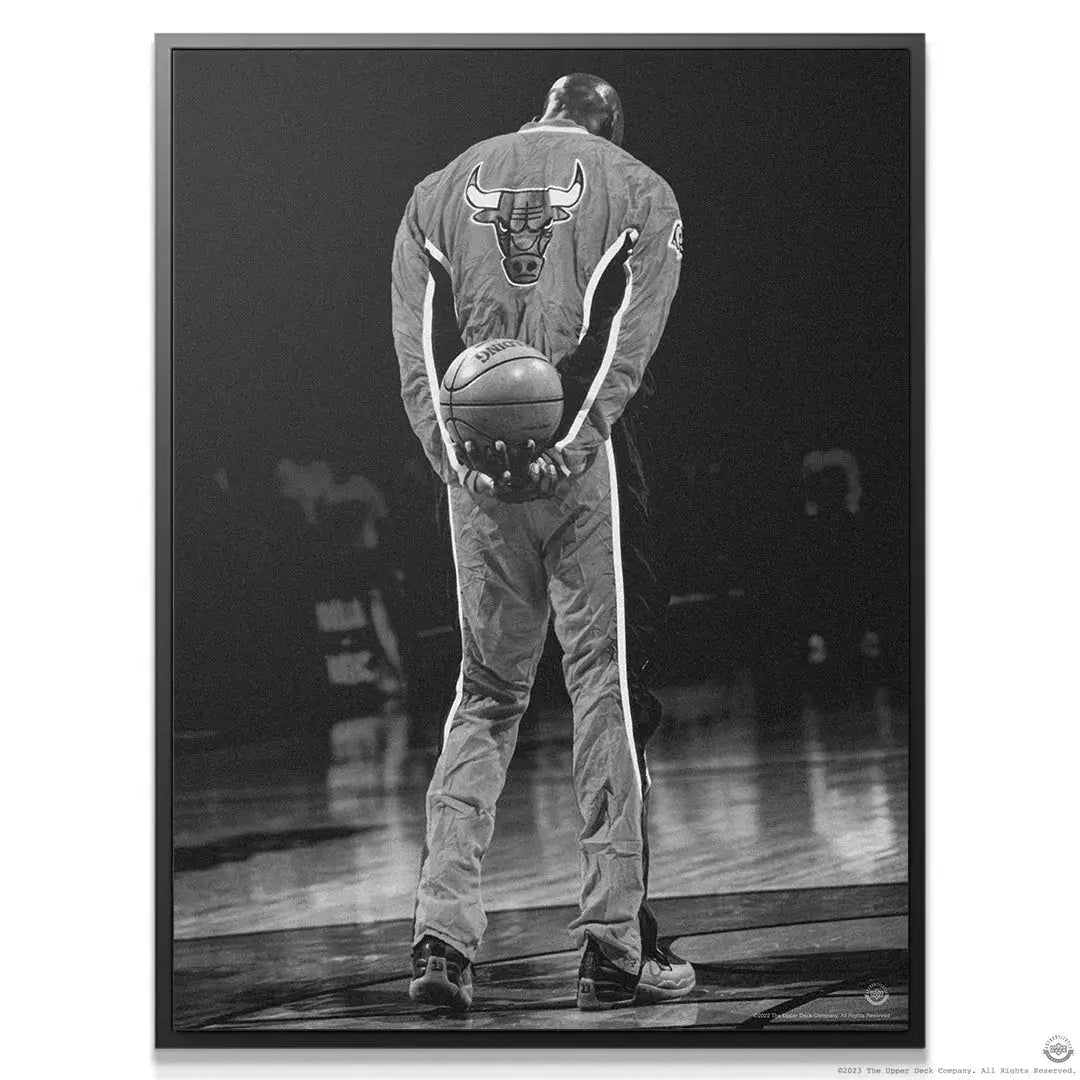 Close-up texture detail of the Spalding basketball held by Michael Jordan - National Anthem.