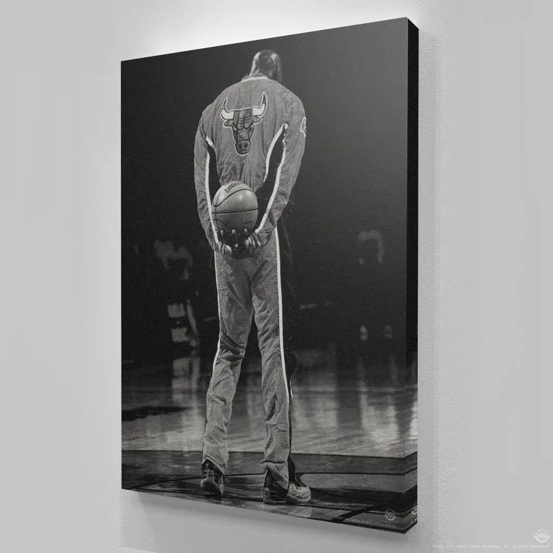 Lifestyle view showing the framed photograph of Michael Jordan - National Anthem on a minimalist wall.