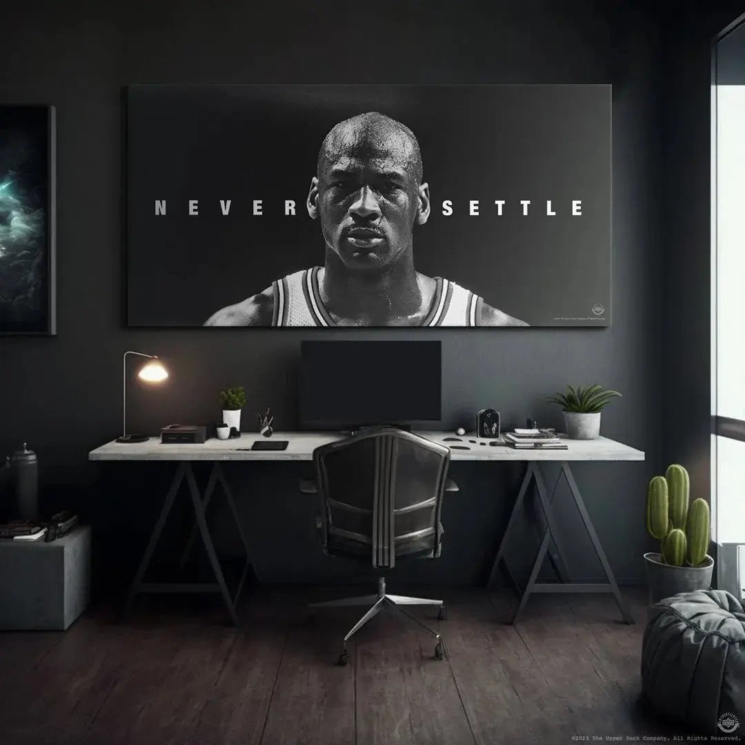 Studio shot emphasizing the determined expression in the Michael Jordan - Never Settle artwork.