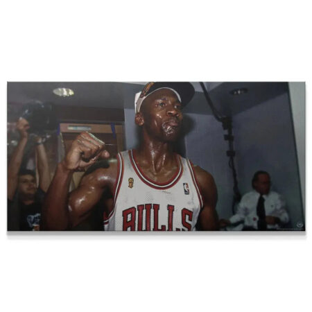 Close-up portrait of sweaty Michael Jordan raising his fist after winning the championship in the 'Michael Jordan - Nothing Worth Having Comes Easy (No Quote)' photo print.