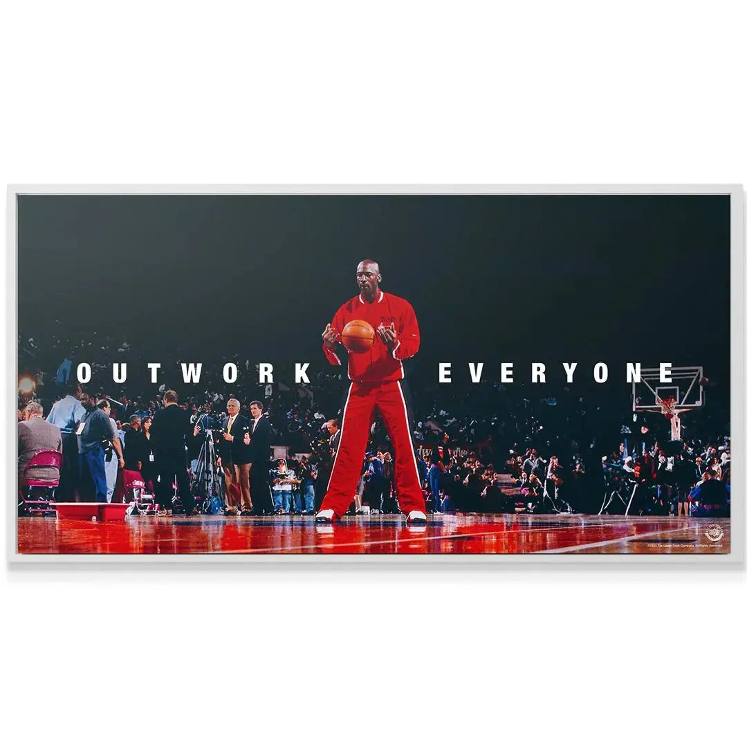 Low-angle perspective of the court floor reflection beneath the iconic Michael Jordan - Outwork Everyone artwork.
