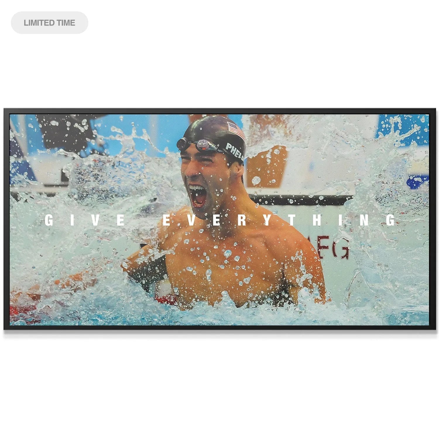Wide shot of the celebratory water splash effect captured dynamically in the print Michael Phelps - Give Everything.