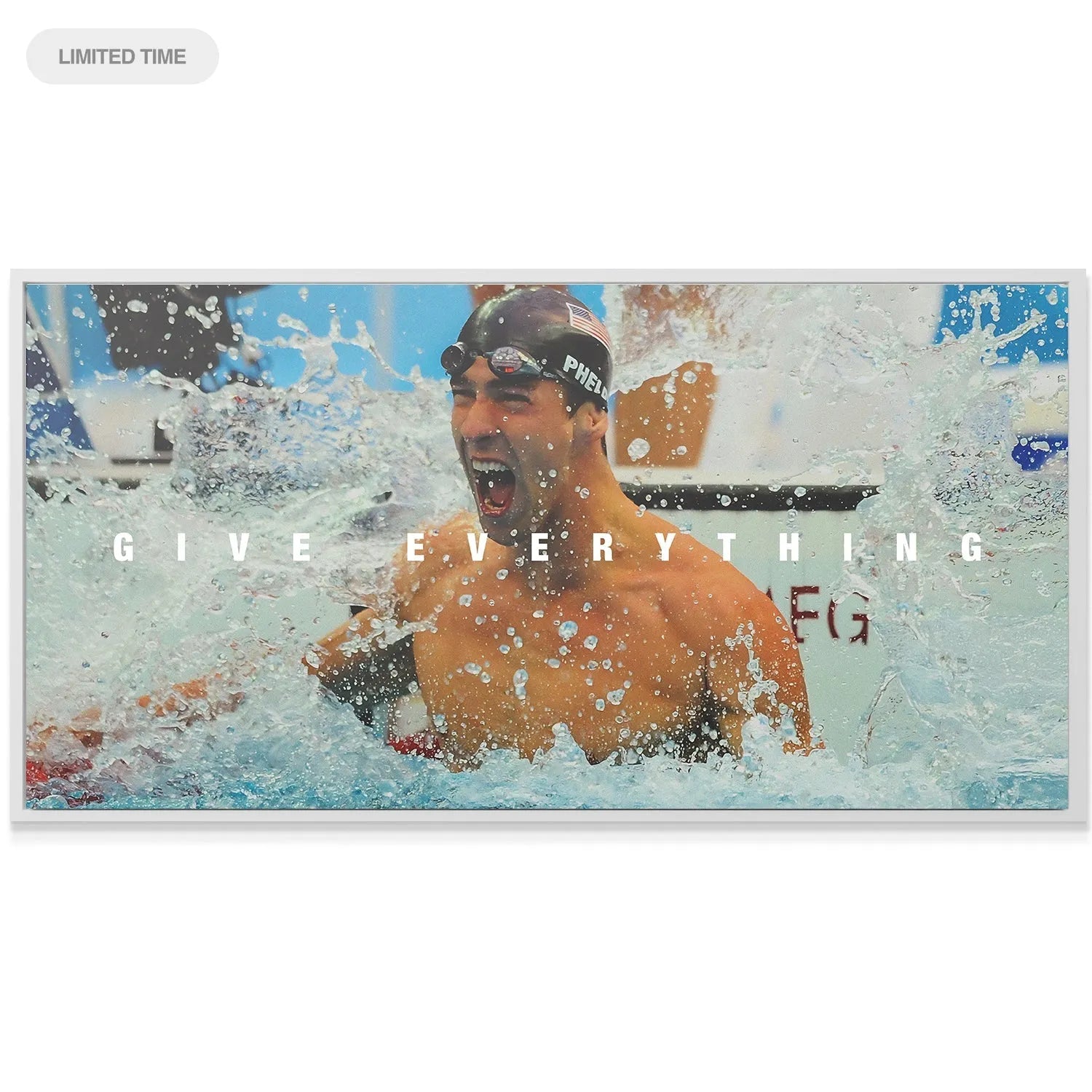 Texture detail of the canvas surface showing the phrase 'Give Everything' overlaid on the swimming champion.