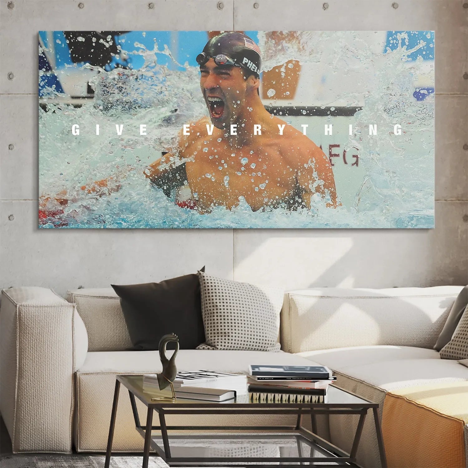 Side profile angle view showing the depth and sturdy frame of the motivational wall art Michael Phelps - Give Everything.