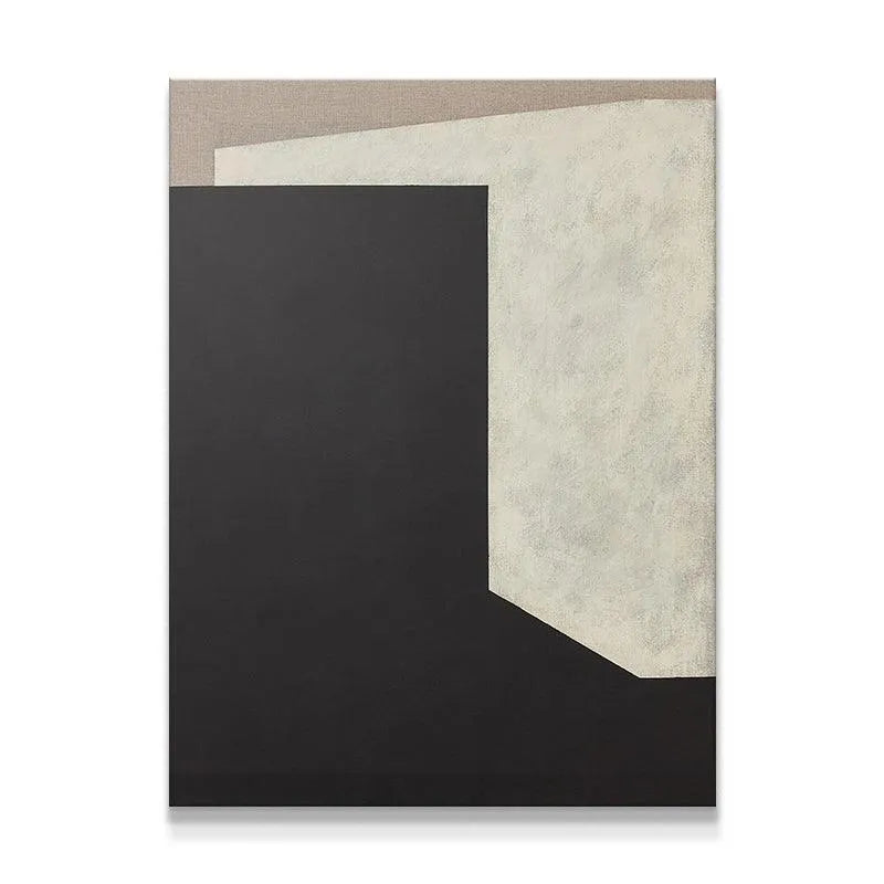 Full view of Raw No. 4, an abstract geometric painting in black, white, and taupe.