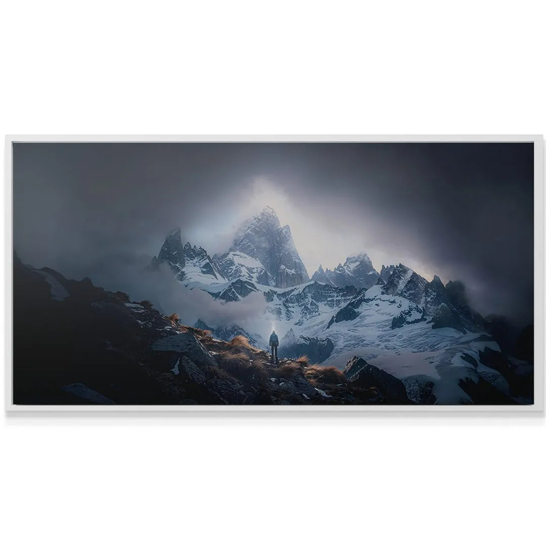 Horizontal panorama showing the vast, intimidating scale of the alpine landscape and foggy atmosphere: Remember The Goal (No Quote).