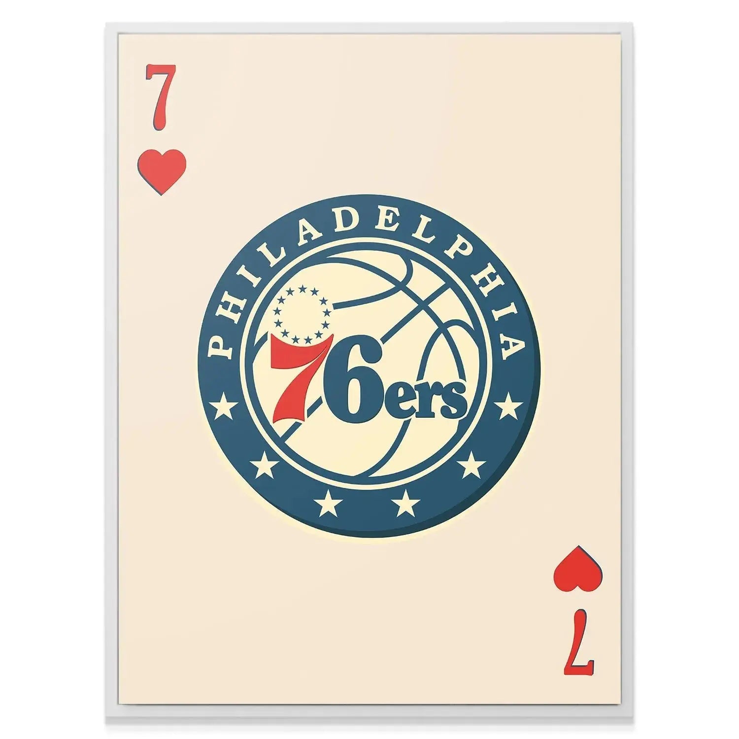 Corner detail showing the red '7 of Hearts' symbol placement on the Retro Logo Card - 76ers.