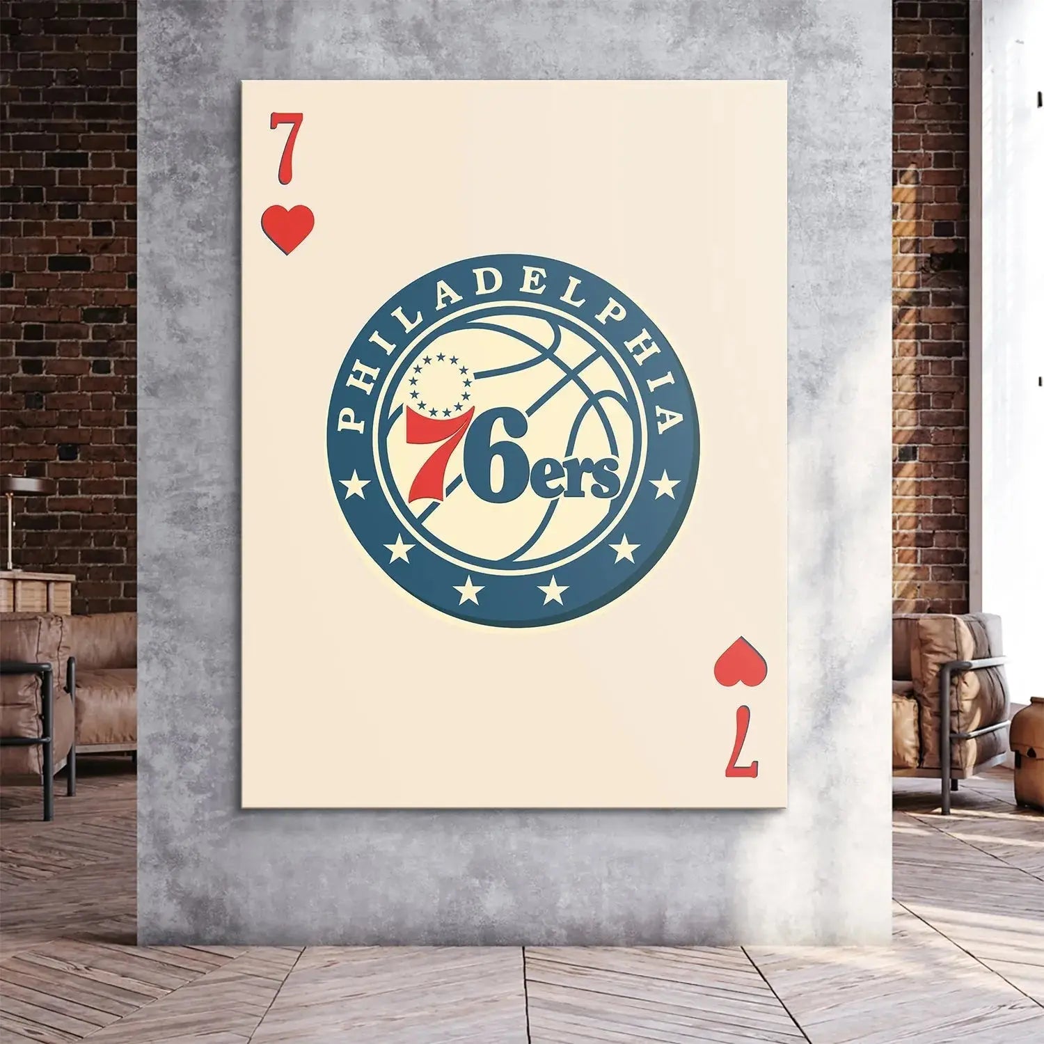 Textured surface shot emphasizing the creamy background color of the high-quality Retro Logo Card - 76ers.