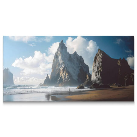 Panoramic view of towering spires defining the 'Rocky Beach' coastline at sunrise.