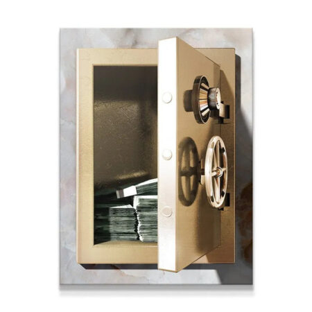 Full vertical view of the open golden safe canvas artwork, highlighting Safe Money.