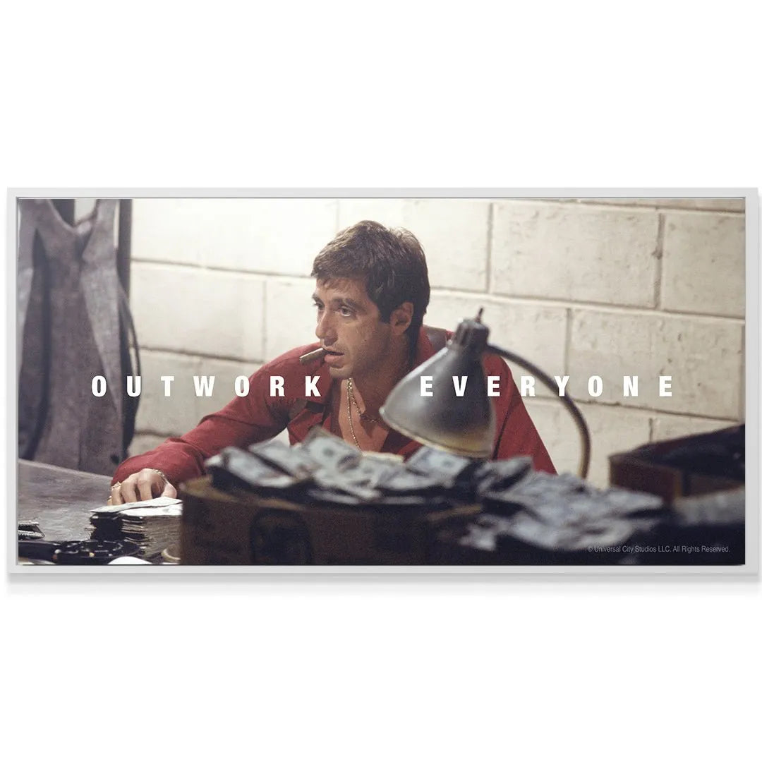 Widescreen horizontal art print showcasing the full 'Outwork Everyone' text overlaid on the classic Scarface image.