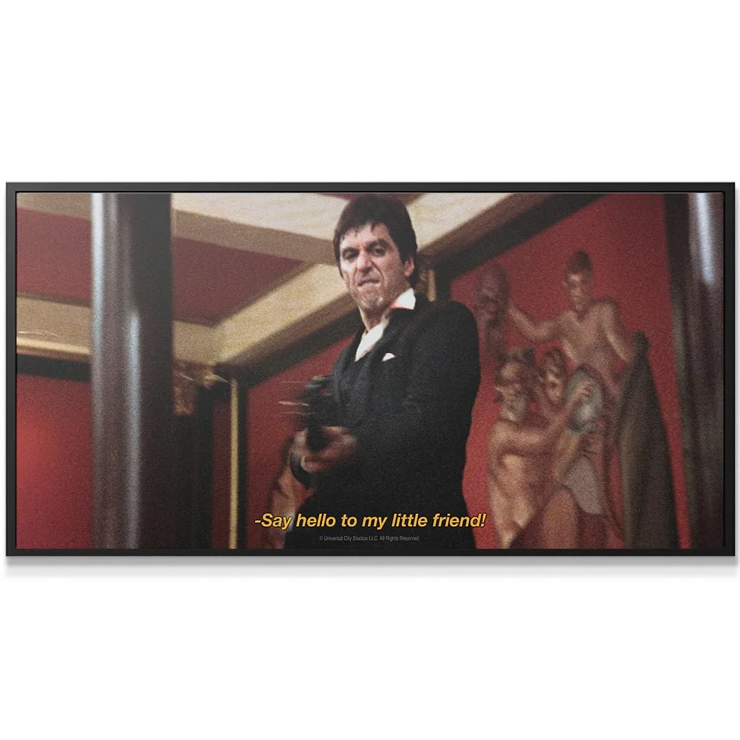 Close-up portrait view of Al Pacino's intense expression in the Scarface - Say Hello scene, focusing on his face.