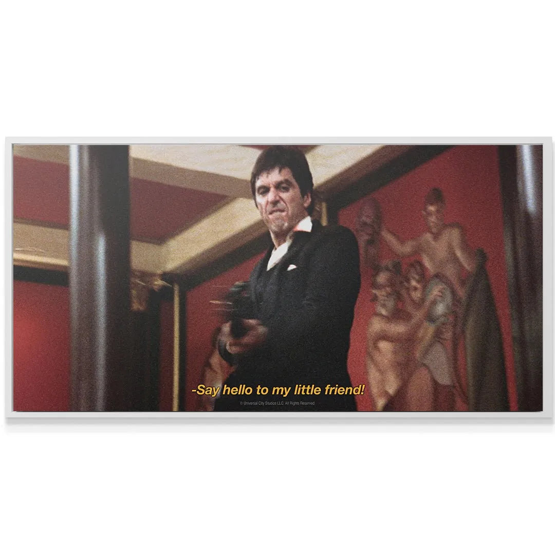 Lifestyle shot of the framed Scarface - Say Hello artwork mounted on a modern living room wall.