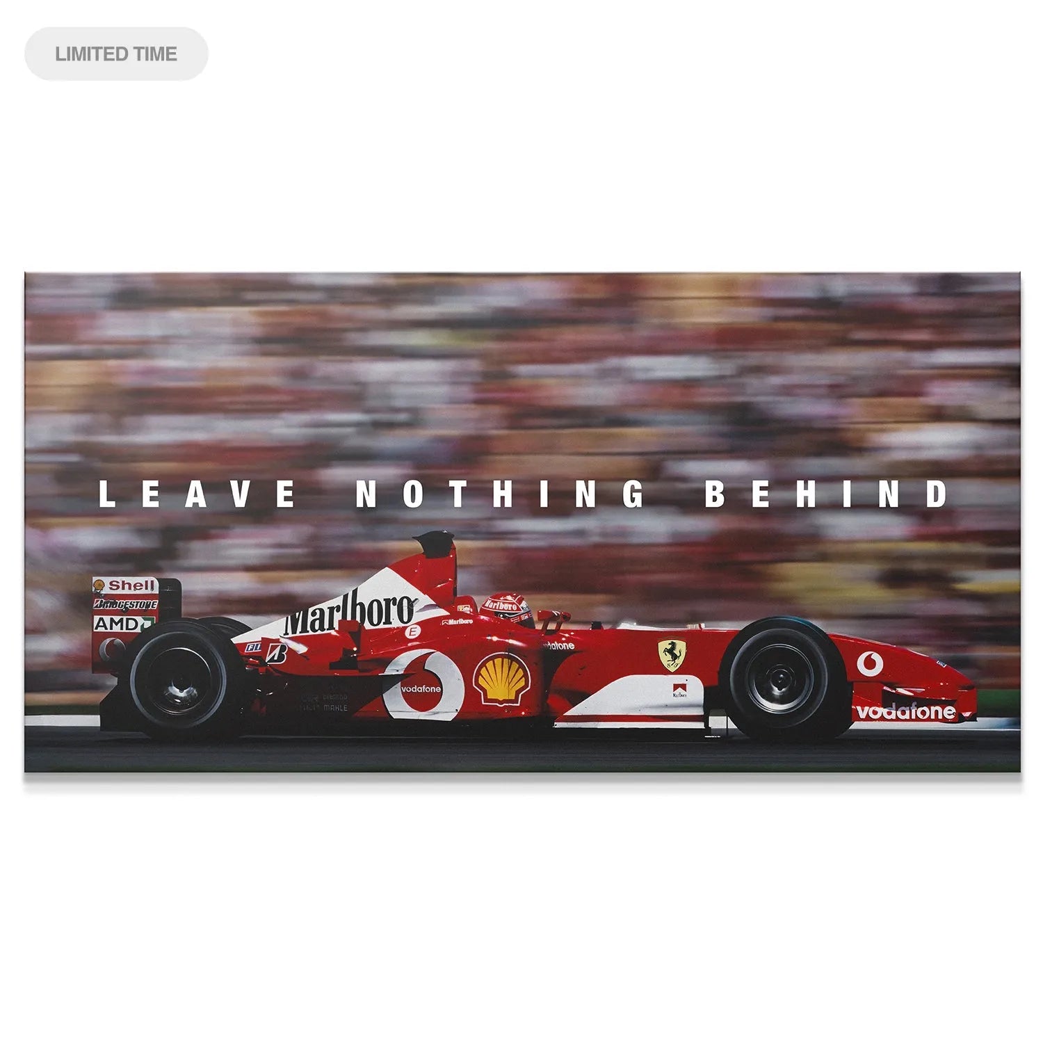 Full side profile of the red Ferrari F1 car accelerating, titled Schumacher - Leave Nothing Behind.