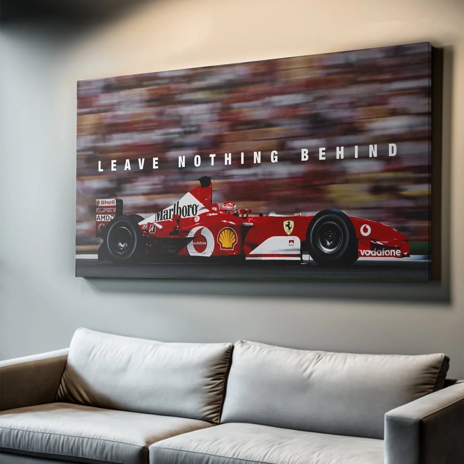 Wide view of the racing track capturing the famous red Ferrari F1 machine, reflecting the Schumacher - Leave Nothing Behind mantra.