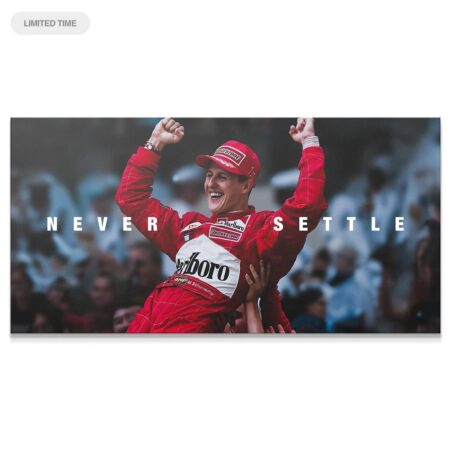 Michael Schumacher lifted by the crowd, smiling in triumph, capturing the 'Schumacher - Never Settle' victory moment.