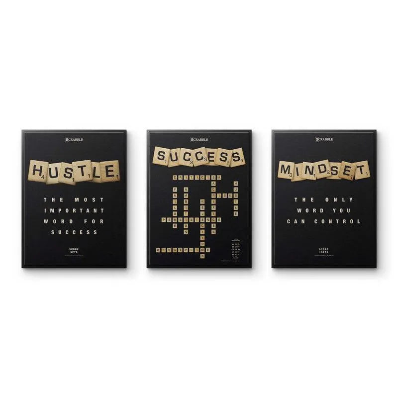 Close-up texture shot of the wooden tiles spelling 'HUSTLE' within the official Scrabble Bundle print detail.