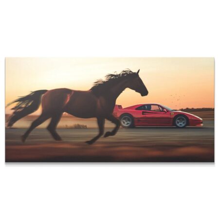 Dynamic canvas art depicting a horse racing a red sports car, titled 'Second Place - No Quote'.