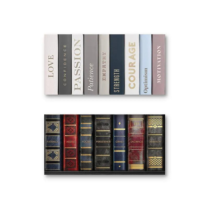 Overhead perspective of the faux leather texture on the dark blue spines of the bottom Shelf Set.