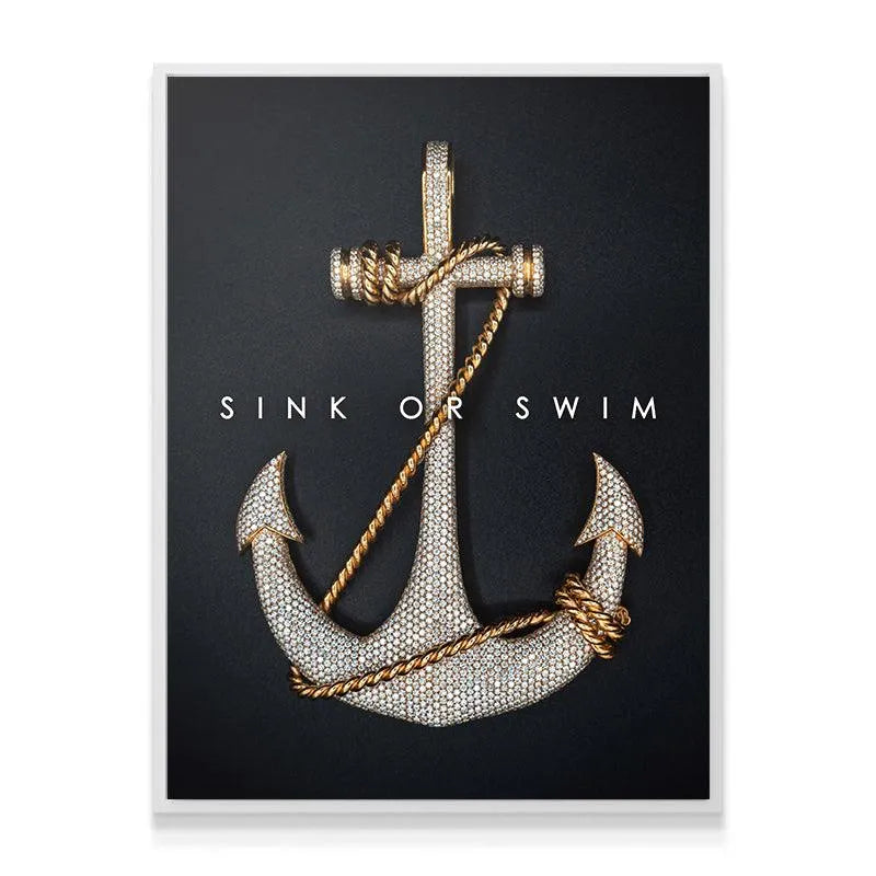 Lifestyle photo of the Sink Or Swim luxury canvas hanging prominently in a sleek, modern office space.