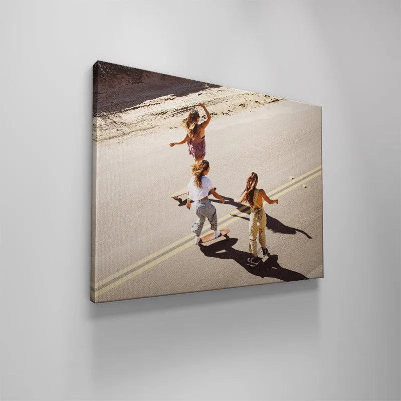 Canvas print capturing the vibrant yellow double lines of the road during a casual Skate.