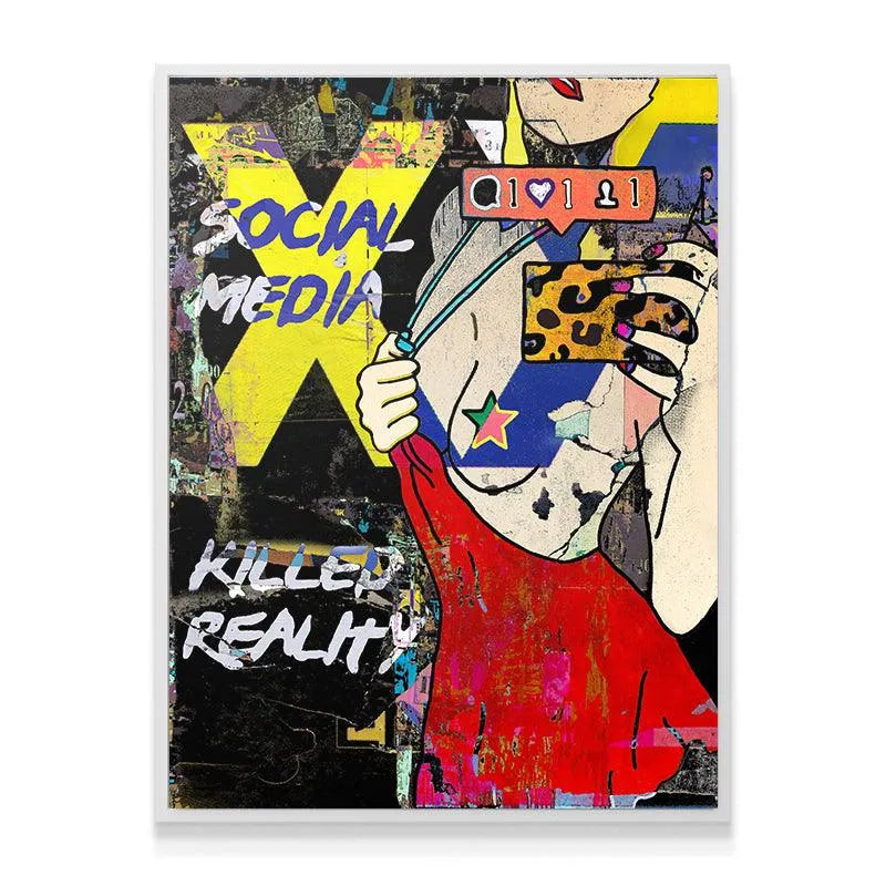 Detail of the figure holding the selfie stick and the exaggerated notification heart box in 'Social Media Killed Reality'.