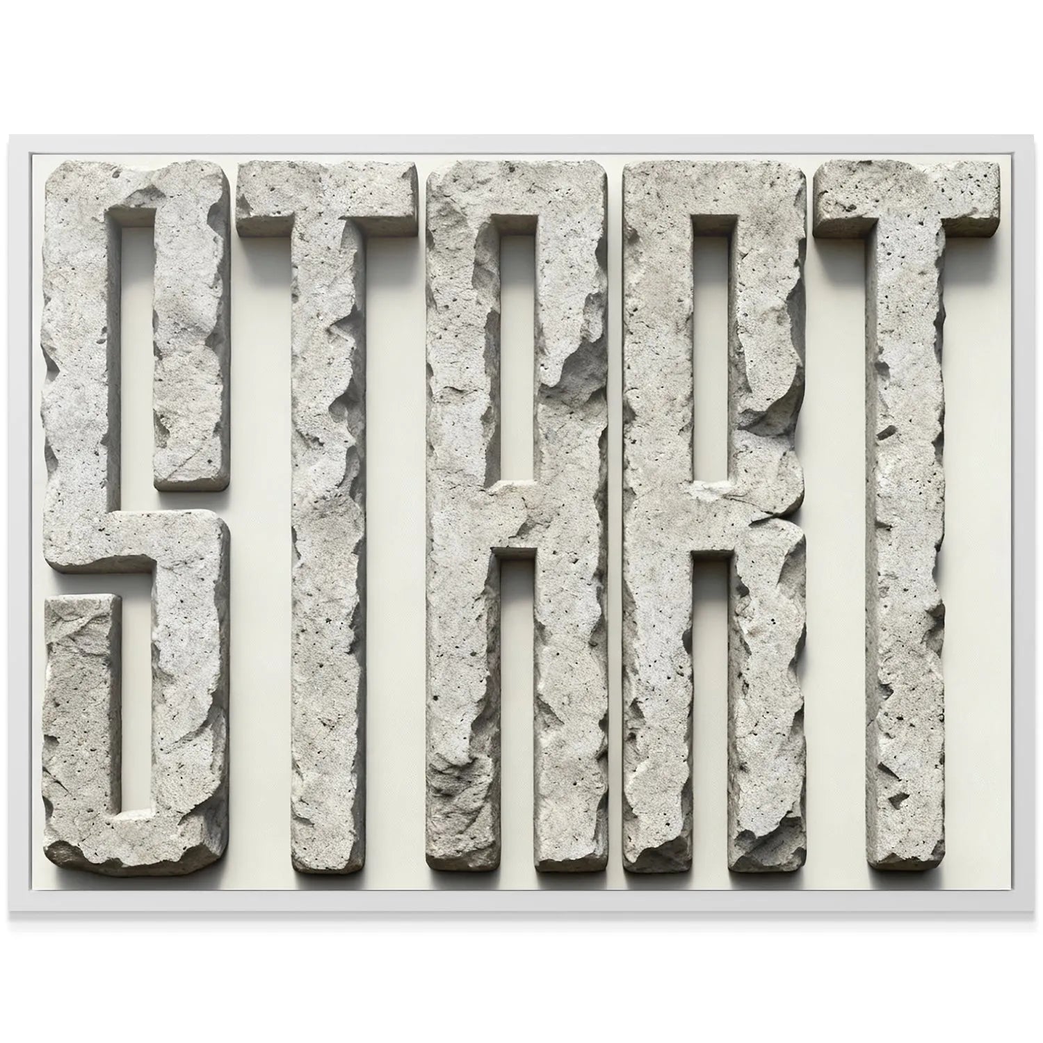 Angled perspective showing the depth and shadow casting of the Start - Stone carving.