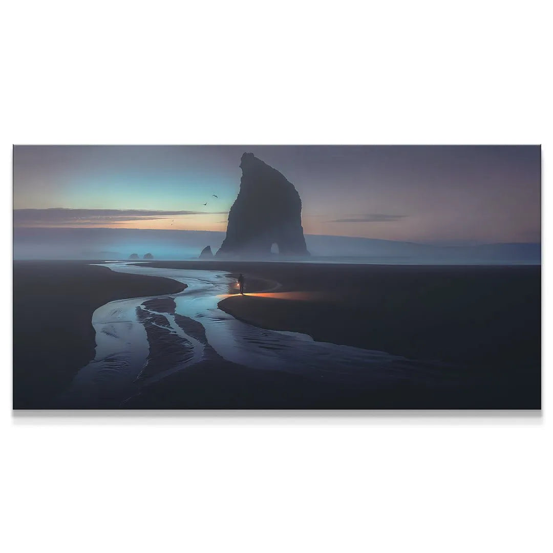 Detailed view of the small figure holding a light source in the distance of the atmospheric "Stay Focused" print.