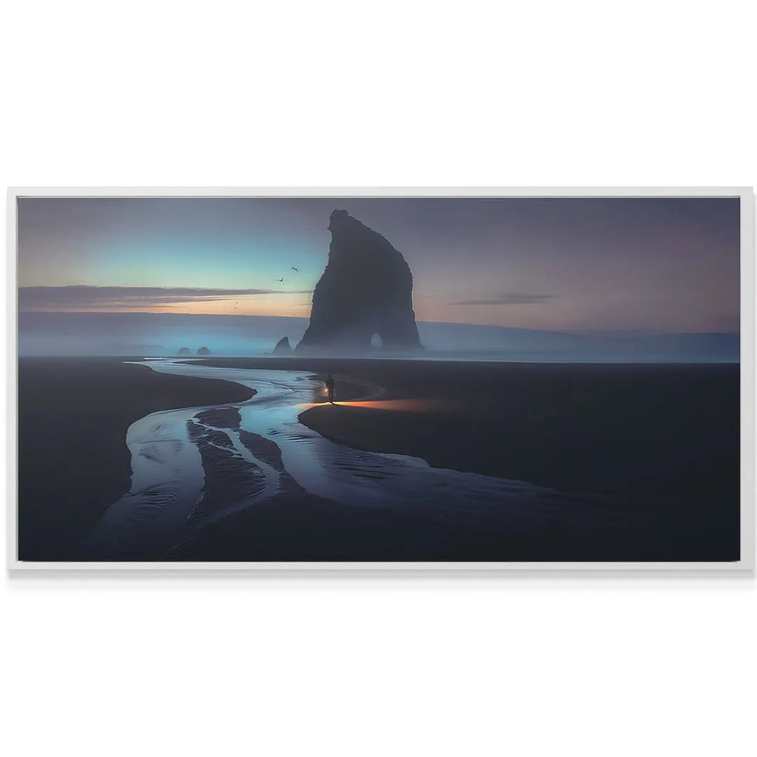 Low-angle perspective of the moody coastal landscape with fog and the towering rock formation, titled 'Stay Focused (No Quote)'.