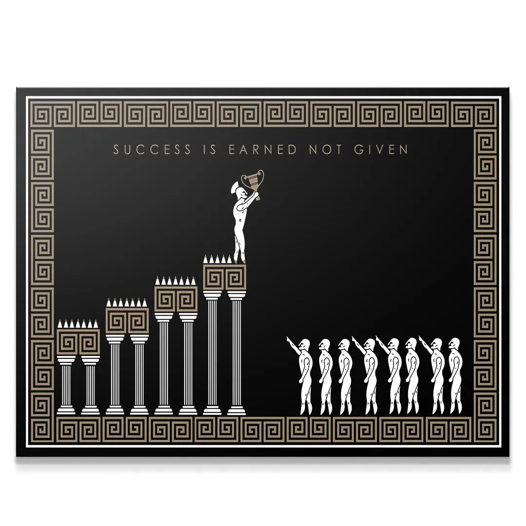 Minimalist black and white lifestyle shot of the 'Success Is Earned - Empire Series' print hanging in a modern office environment.