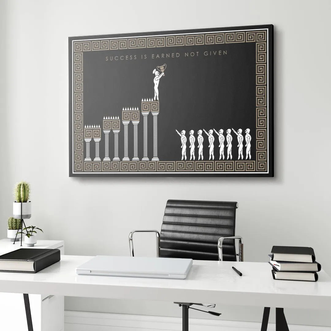 Wide shot featuring the contrasting colors and stark motivational typography of 'Success Is Earned - Empire Series'.