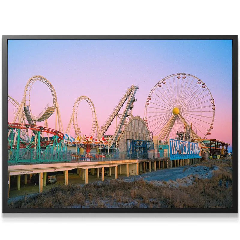 Close-up detail of the high roller coaster loops against the pastel sky in Summers Down the Shore artwork.