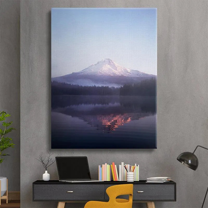 Dramatic landscape featuring the misty foreground and the distinct peak silhouette captured during the Sunrise at Mt.Hood.
