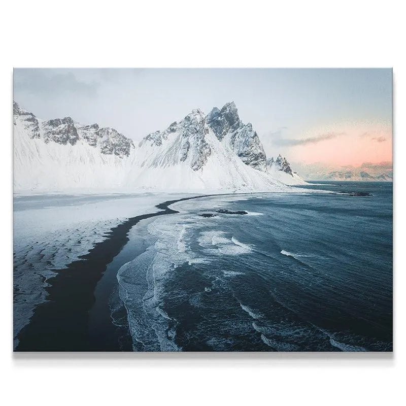 Wide panoramic view of Vestrahorn mountain during the stunning Sunrise at stokksnes.