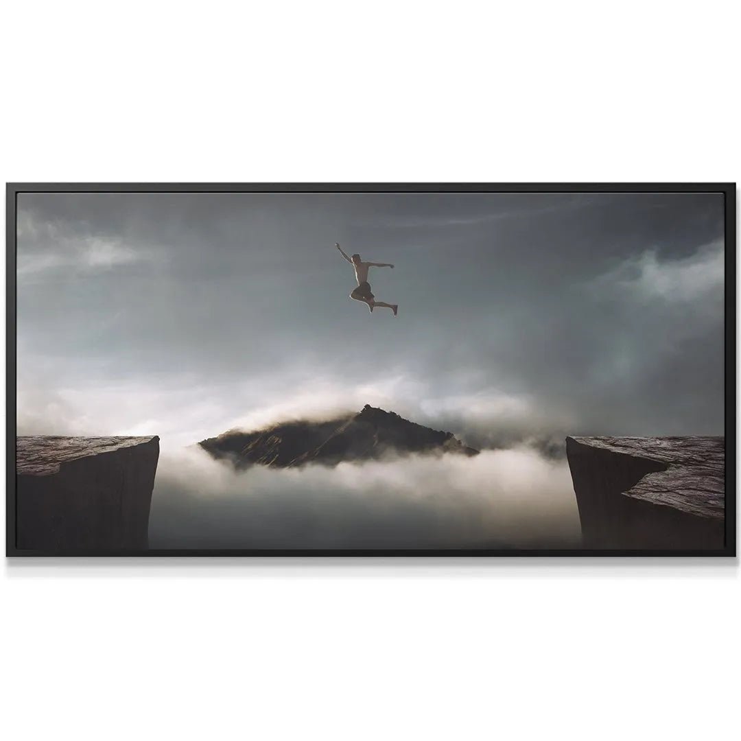 Detail shot of the lone figure suspended mid-air over the misty chasm, representing 'Take The Risk (Jump No Quote)'.