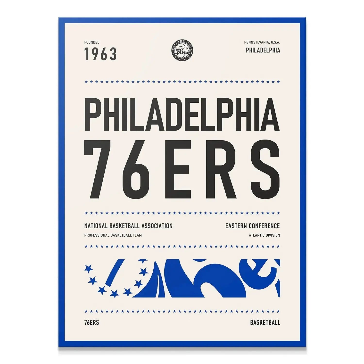 Full frontal view of the Team Poster - 76ers displaying bold typography and blue border.
