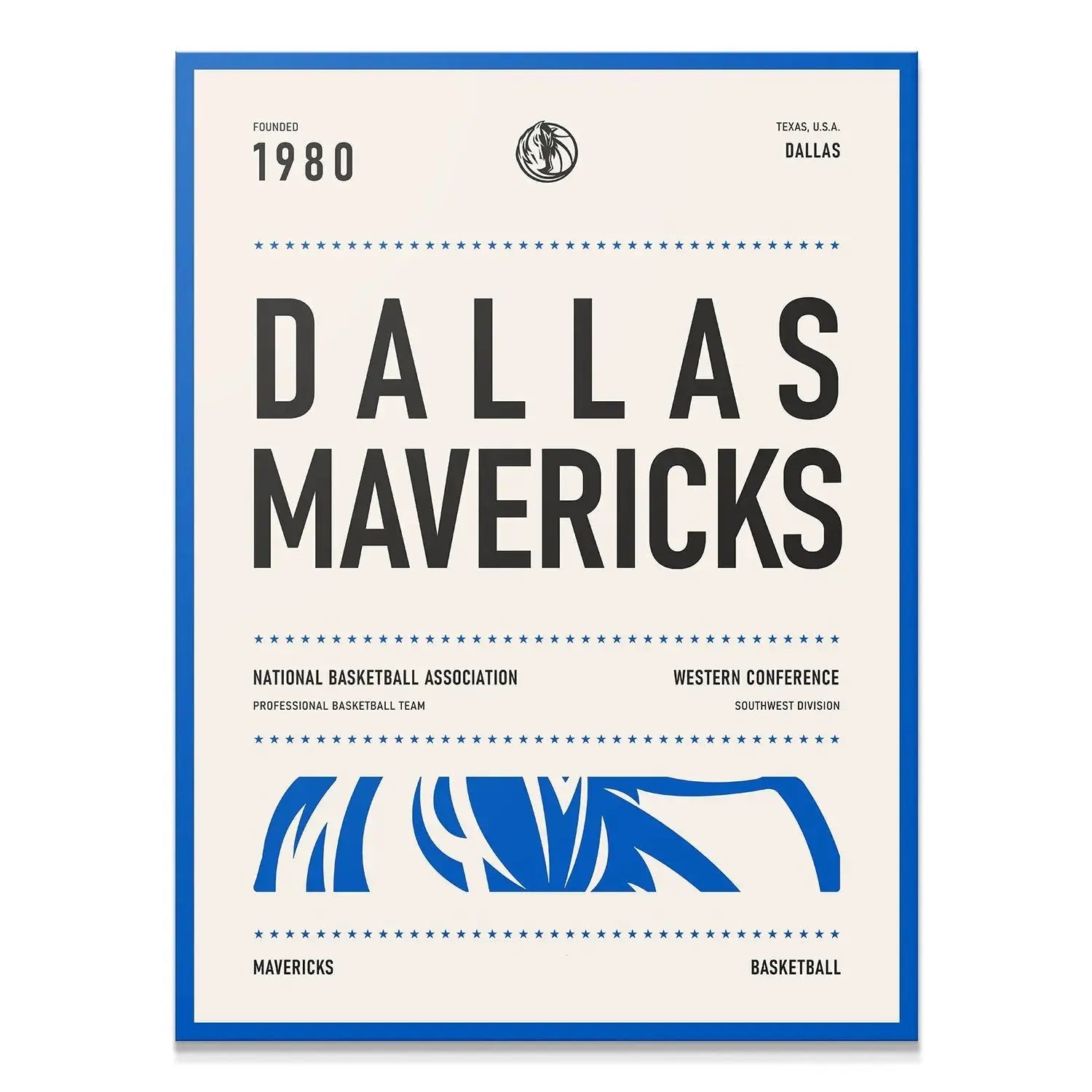 Full vertical view of the typographic Team Poster - Mavericks with clean blue border and historical details.