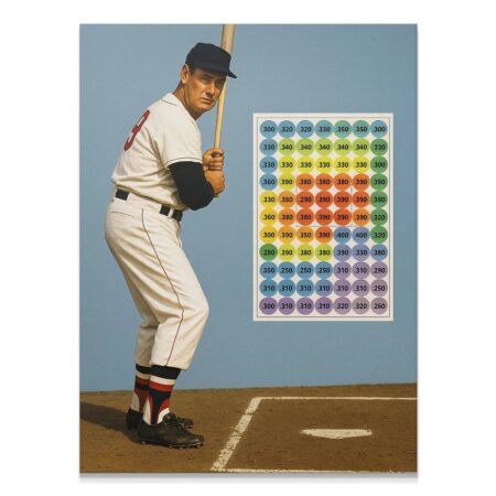 Ted Williams standing ready to bat, full length view, classic uniform and stance.