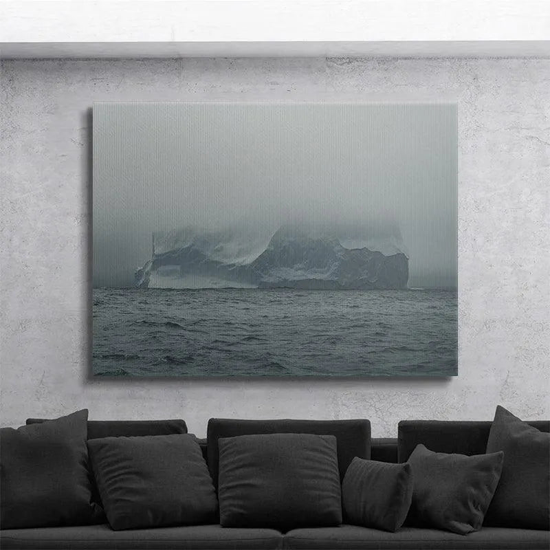 A cinematic depiction of the colossal iceberg centerpiece, rendered in monochrome tones, from The Arctic Walls Views collection.