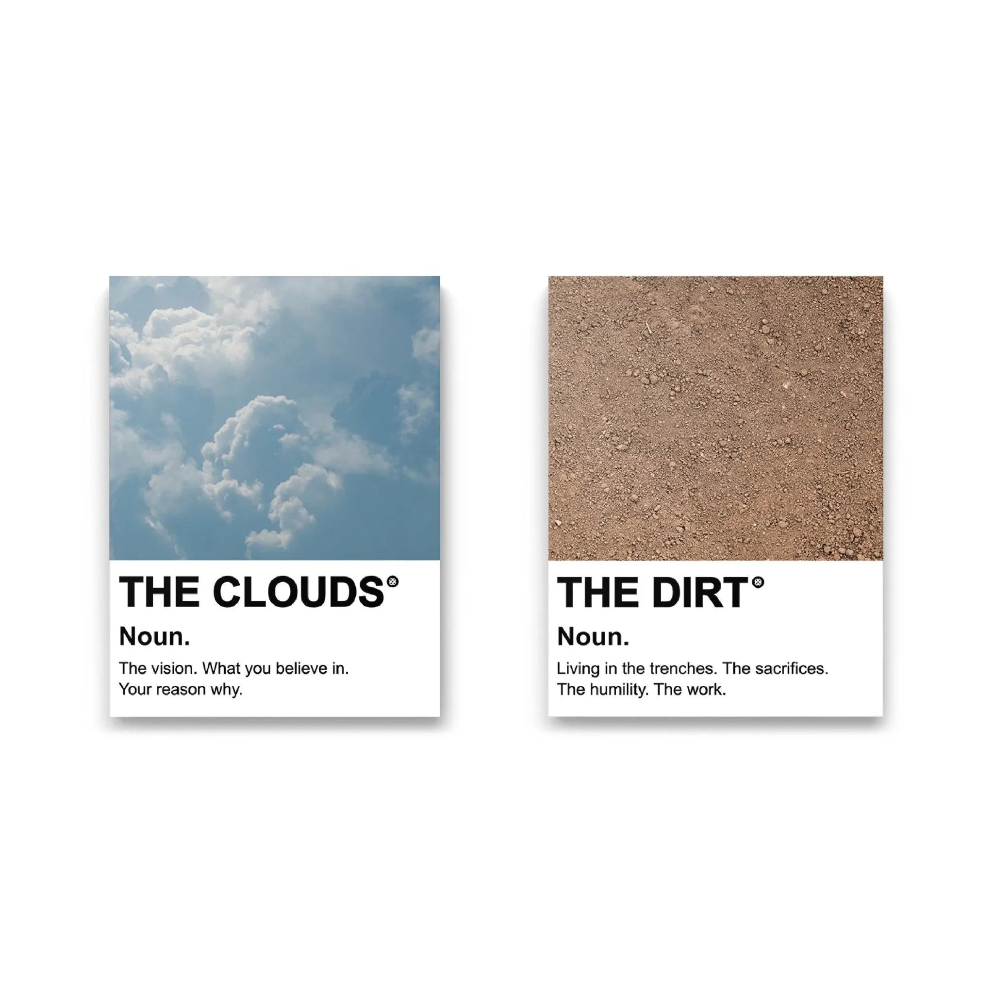 Lifestyle presentation showing the framed 'The Clouds & The Dirt' prints hanging side-by-side in a modern executive office.
