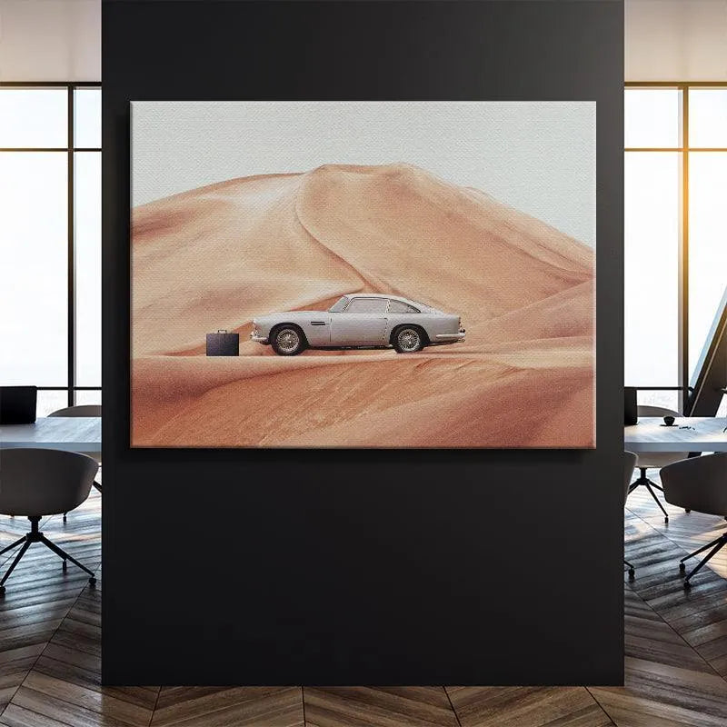Cinematic angle of the Aston Martin style coupe parked dramatically on a ridge in the center of 'The Drop'.