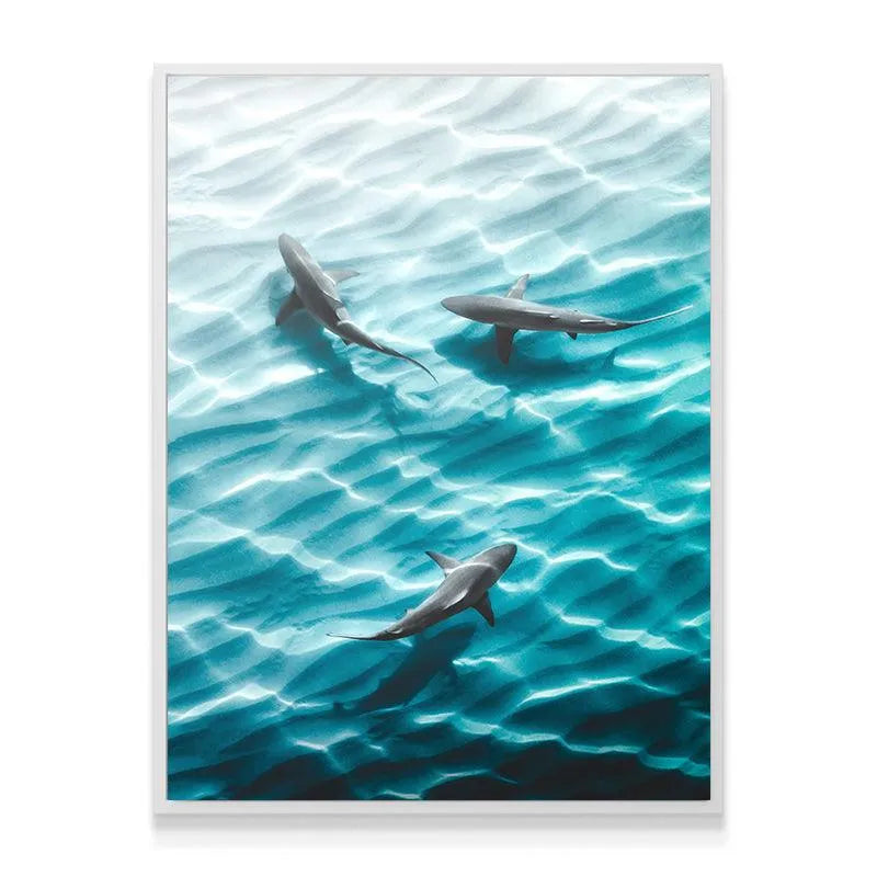 Detailed shot of the lead shark's silhouette against the bright blue background of 'The Hard Way' print.