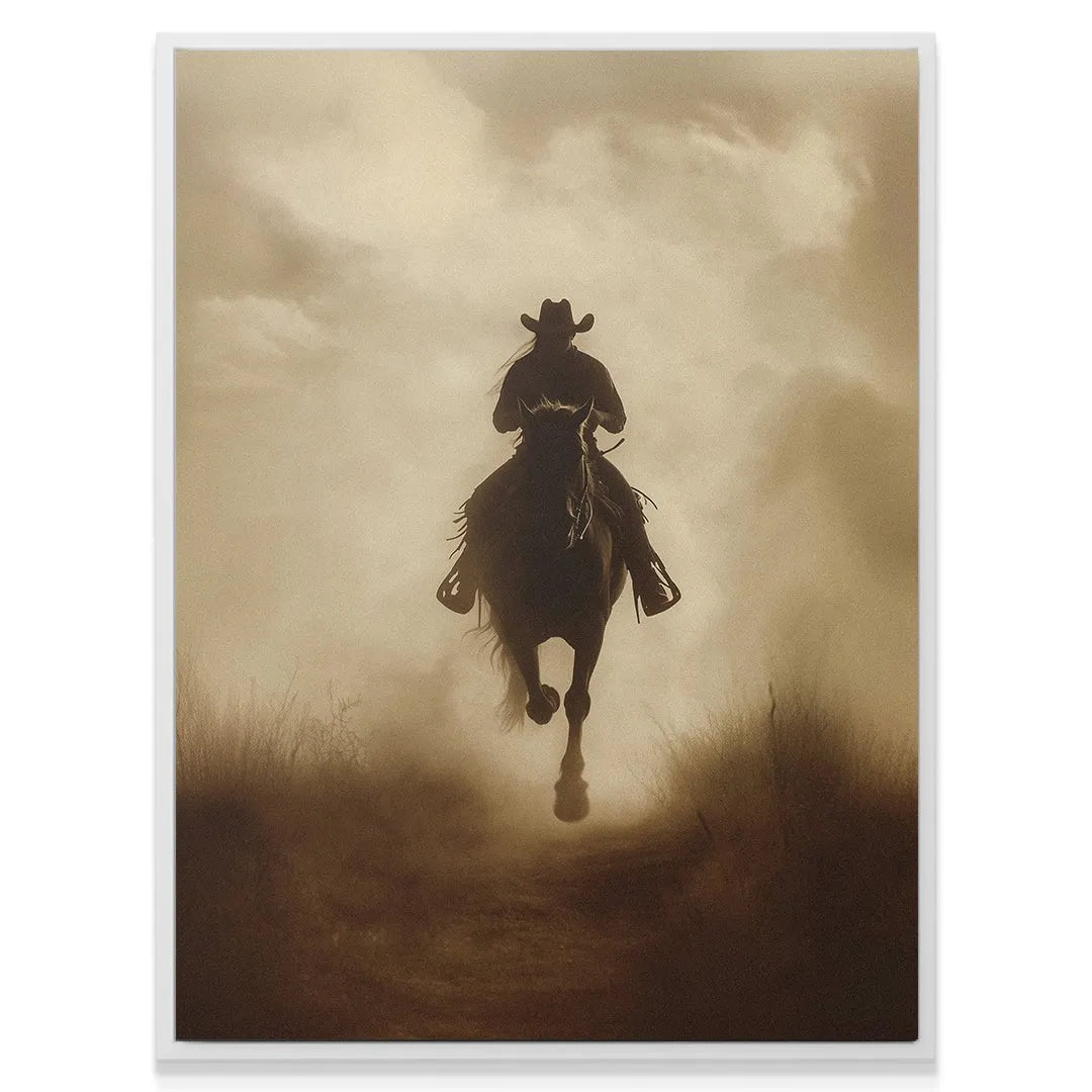 Angle shot showing the dramatic upward perspective of The Lone Rider 2 rider coming through the tall grass.