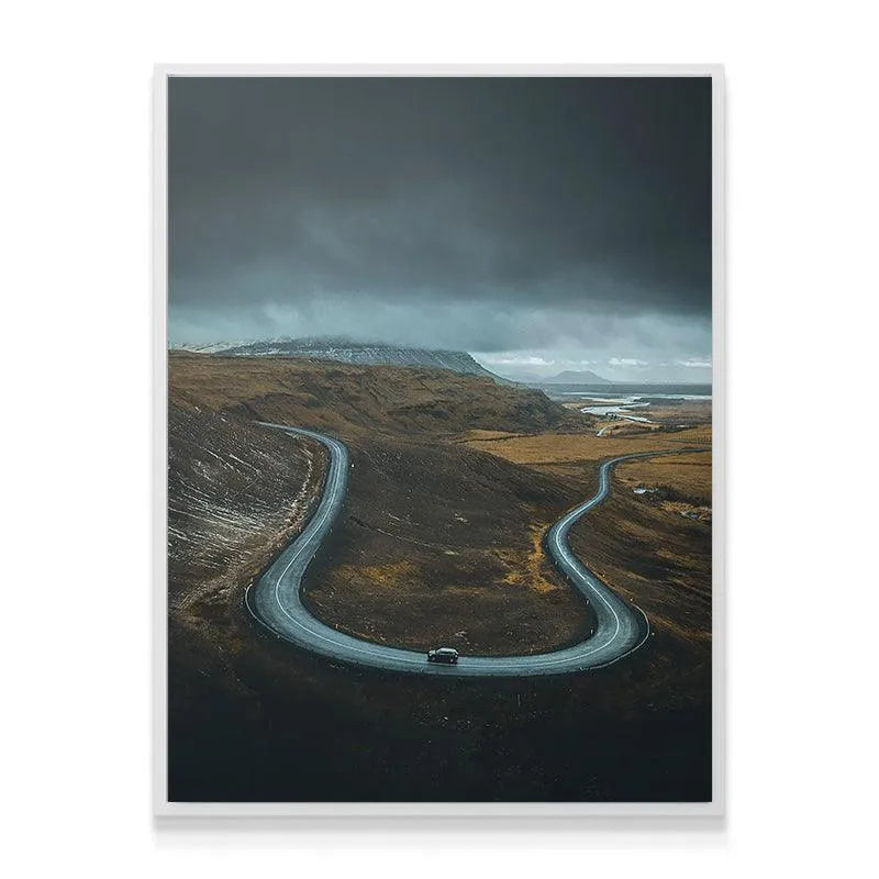 Lifestyle mock-up showing the large canvas of 'The Road Less Traveled' above a modern sofa.