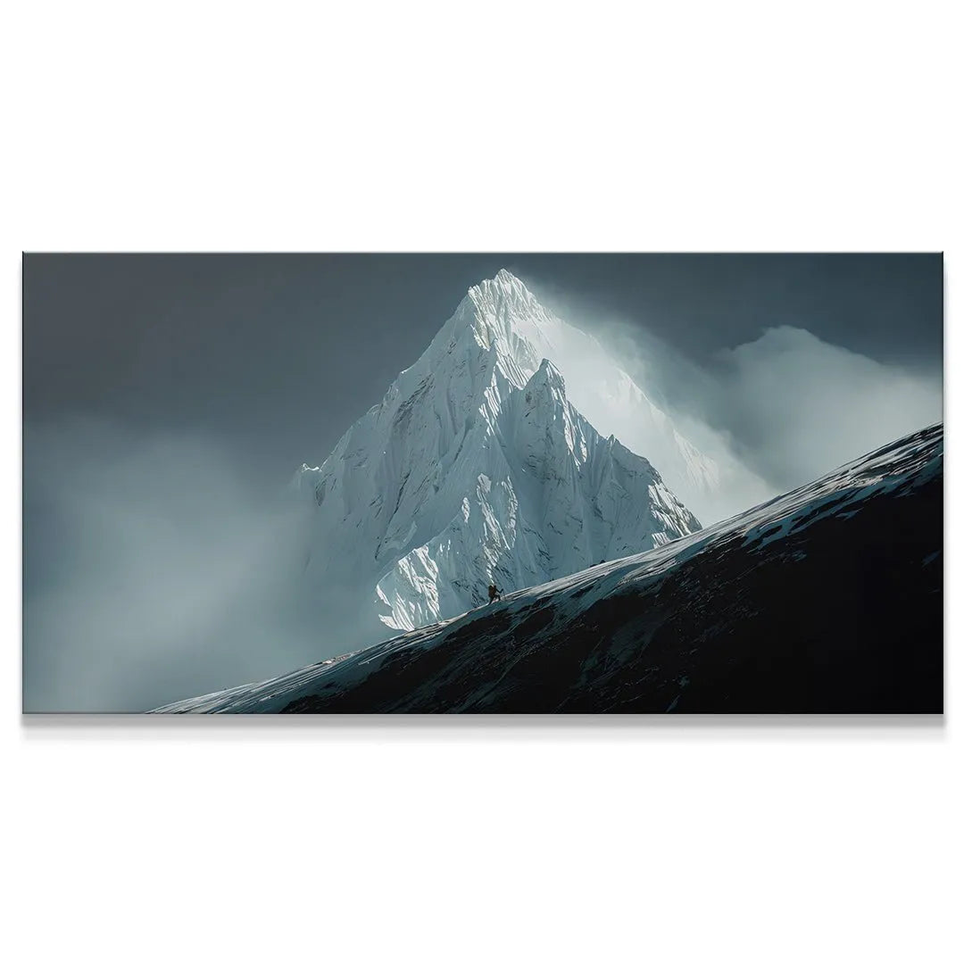 Wide panorama of the snowy mountain peak captured under dark clouds, illustrating 'There's Always A Path Forward (No Quote)'.