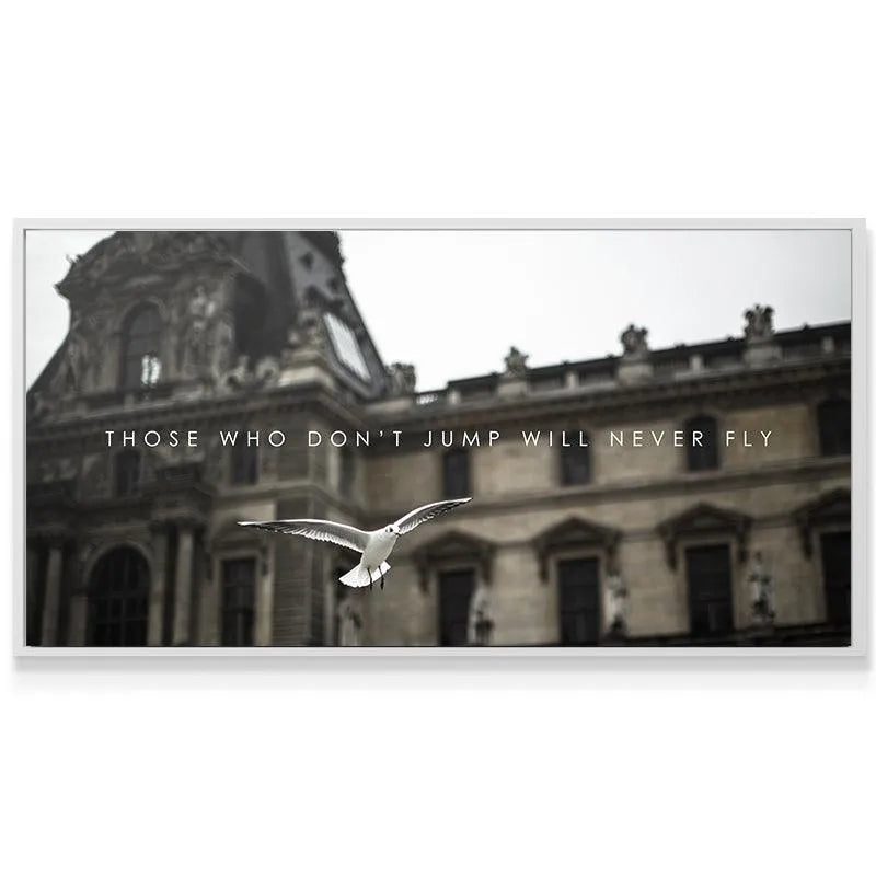 Wide-angle view showing the detailed classical architectural background and the quote 'Those Who Don't Jump'.