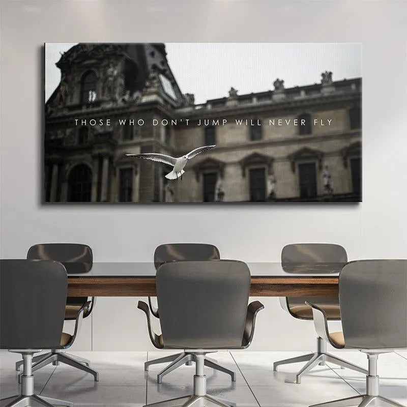 Monochromatic aesthetic print titled 'Those Who Don't Jump' hanging prominently in a minimalist living room.