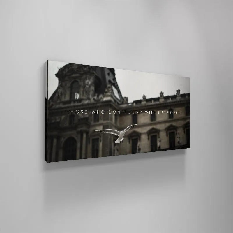 Low-angle perspective highlighting the soaring movement of the bird in the 'Those Who Don't Jump' art print.