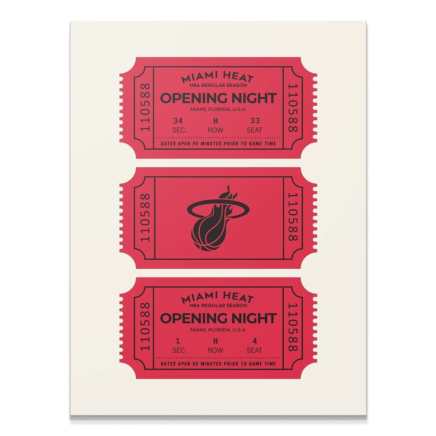 Full view of the retro Tickets - Heat art print on a light background, showcasing three distinct stub designs.